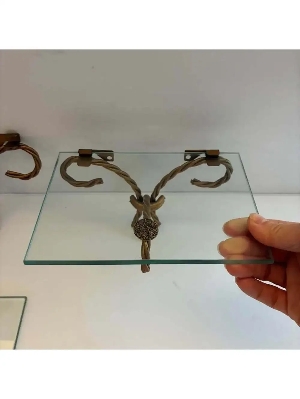 Pair Vintage Gold Metal Wall Shelf Brackets Twisted Scroll Corbel Glass Shelves